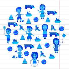 Fototapeta premium Kindergarten Vector flat icons for advertising brochure. Ready for your designs. Children play. Kindergarten kids with toys. Funny cartoon character. Vector illustration