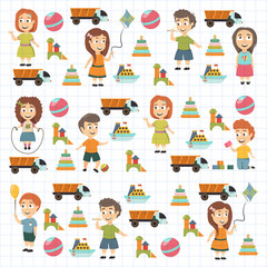 Fototapeta na wymiar Kindergarten Vector flat icons for advertising brochure. Ready for your designs. Children play. Kindergarten kids with toys. Funny cartoon character. Vector illustration