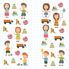 Kindergarten Vector flat icons for advertising brochure. Ready for your designs. Children play. Kindergarten kids with toys. Funny cartoon character. Vector illustration