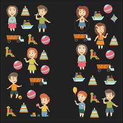Kindergarten Vector flat icons for advertising brochure. Ready for your designs. Children play. Kindergarten kids with toys. Funny cartoon character. Vector illustration