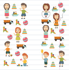 Kindergarten Vector flat icons for advertising brochure. Ready for your designs. Children play. Kindergarten kids with toys. Funny cartoon character. Vector illustration