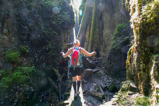 hiking across the gorge Velky Sokol, Slovak Paradise, Slovakia