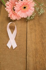 High angle view of pink Breast Cancer Awareness ribbon by