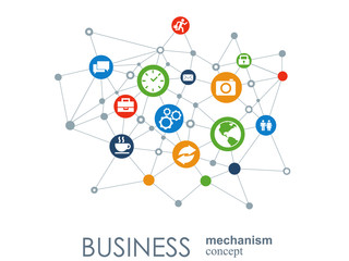 Business mechanism concept. Abstract background with connected gears and icons for strategy, service, analytics, research, seo, digital marketing, communicate concepts.