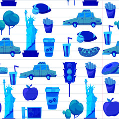 Seamless New york Set Vector pattern with flat icons Taxi, apple, donut, statue of Liberty New york Usa travel