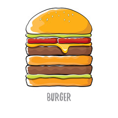 vector cartoon burger with cheese, meat and salad icon isolated on white background.