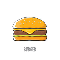 vector cartoon burger with cheese, meat and salad icon isolated on white background.