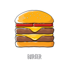 vector cartoon burger with cheese, meat and salad icon isolated on white background.