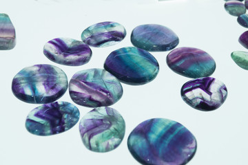 Colorful blue agates on the viewing table