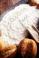 gluten free breads, glutenfree word written and bread rolls on g