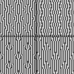 set of seamless black and white linear patterns with rhombuses, triangles, stars, hexagons