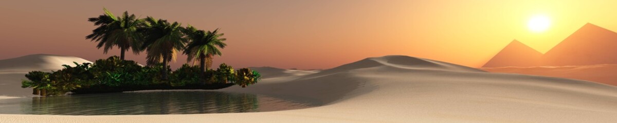 Fototapeta na wymiar Oasis, desert landscape, lake with palm trees in the sands 