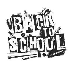Slogan Back to school, grunge style. Shabby printed words with stationery supplies. Street art modern style letters, good for stationery, children school stuff, banners and cards. - 171591609