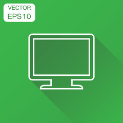 Computer monitor icon. Business concept tv screen pictogram. Vector illustration on green background with long shadow.