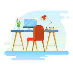 Fototapeta premium Concept of workplace with computer and office equipment. Flat vector illustration of Creative Workspace