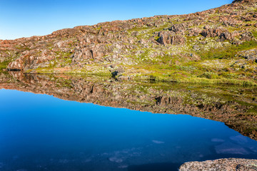 beautiful mountain lake, mirror water surface, blue sky