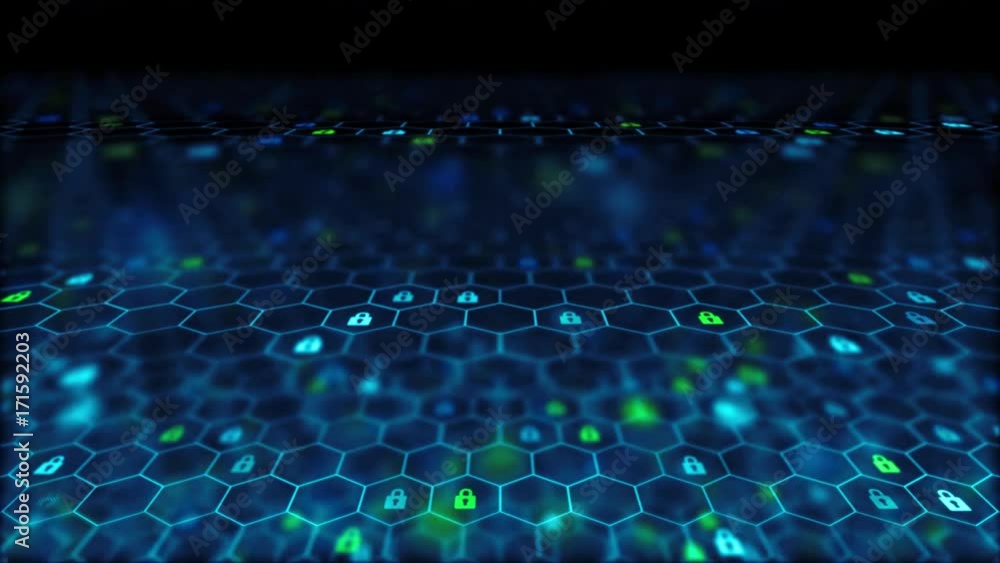 Poster the locks are located in hexagon cell on black background for broadcast and films. seamless animatio