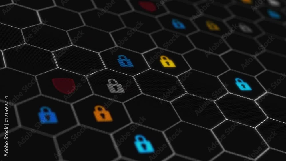Aufkleber shields blink in hexagon on black background. icon locks appear and disappear with the shields. 3d s