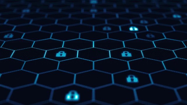 The locks are located in hexagon cell on black background for broadcast and films. Seamless animation. High-quality 3D rendering for financial, banking, web technologies or social background. Loopable
