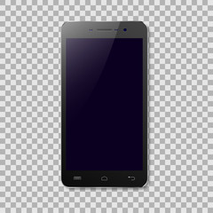 Vector black smartphone with blank screen isolated on transparent background.