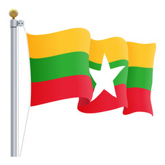 Waving Myanmar Flag Isolated On A White Background. Vector Illustration. Official Colors And Proportion. Independence Day