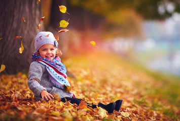 beautiful little baby girl sitting in fallen leaves at autumn park