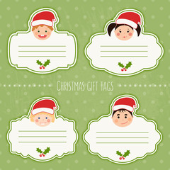 Vector set of funny christmas gift tags for presents with children's smiling faces. Boys and girls with different color skin, hairstyles, braces and glasses. - 171593665