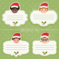 Vector set of funny christmas gift tags for presents with children's smiling faces. Boys and girls with different color skin, hairstyles, braces and glasses. - 171593692