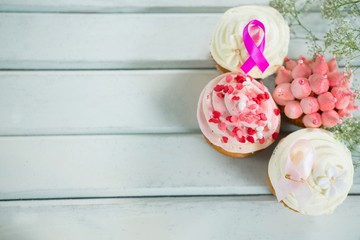 Overhead view of Breast Cancer Awareness pink ribbons on