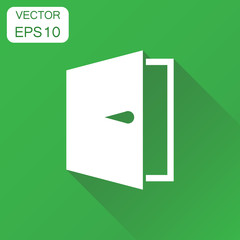 Door icon. Business concept door exit pictogram. Vector illustration on green background with long shadow.
