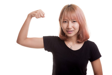 Beautiful young Asian woman flex bicep.