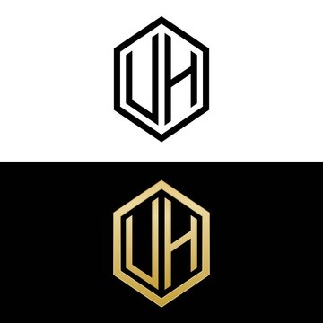 initial letters logo uh black and gold monogram hexagon shape vector