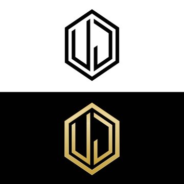 initial letters logo uj black and gold monogram hexagon shape vector