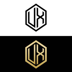 initial letters logo ux black and gold monogram hexagon shape vector