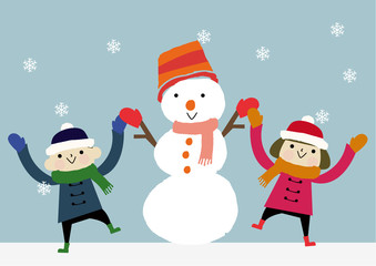 雪だるまと子供　シーズン　冬のイラスト