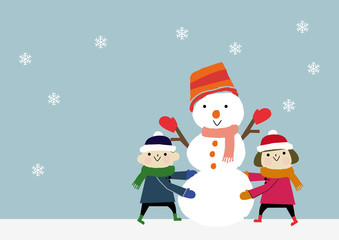 雪だるまと子供　シーズン　冬のイラスト