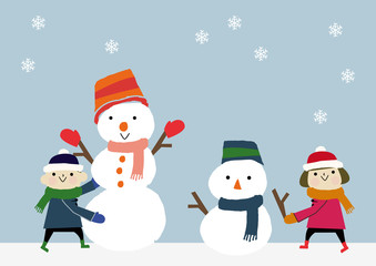 雪だるまと子供　シーズン　冬のイラスト