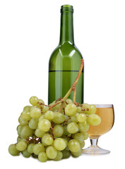 Fototapeta na wymiar Bottle glass of wine and grapes on white background