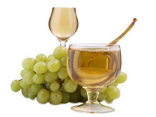 Bottle glass of wine and grapes on white background