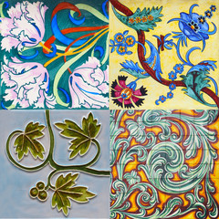 Detail of the traditional tiles from facade of old house. Decorative tiles.Valencian traditional tiles. Floral ornament.