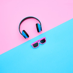Minimal. Headphones and Trendy fashion Sunglasses. Music vibration. Hipster DJ Accessories Set. Art...