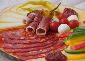Mozzarella, chorizo, jamon. Spanich snacks