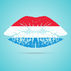Luxembourg Flag Lipstick On The Lips Isolated On A White Background. Vector Illustration. Kiss Mark In Official Colors And Proportions. Independence Day