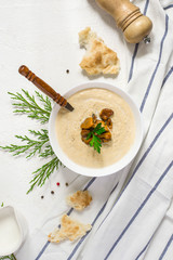 Mushrooms chanterelle cream soup on white background