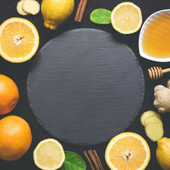Ingredients for cooking healthy Natural hot beverage And cutting board in the center