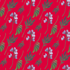 Watercolor seamless pattern, floral background. Green leaves and violet flowers.