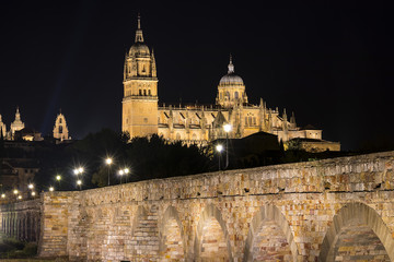 Night view of Salamanca Old and New Cathedrals from roman bridge in Tormes river Community of Castile and Leon, Spain.