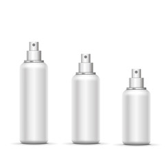 Empty white metal spray bottle with cap set. Vector template