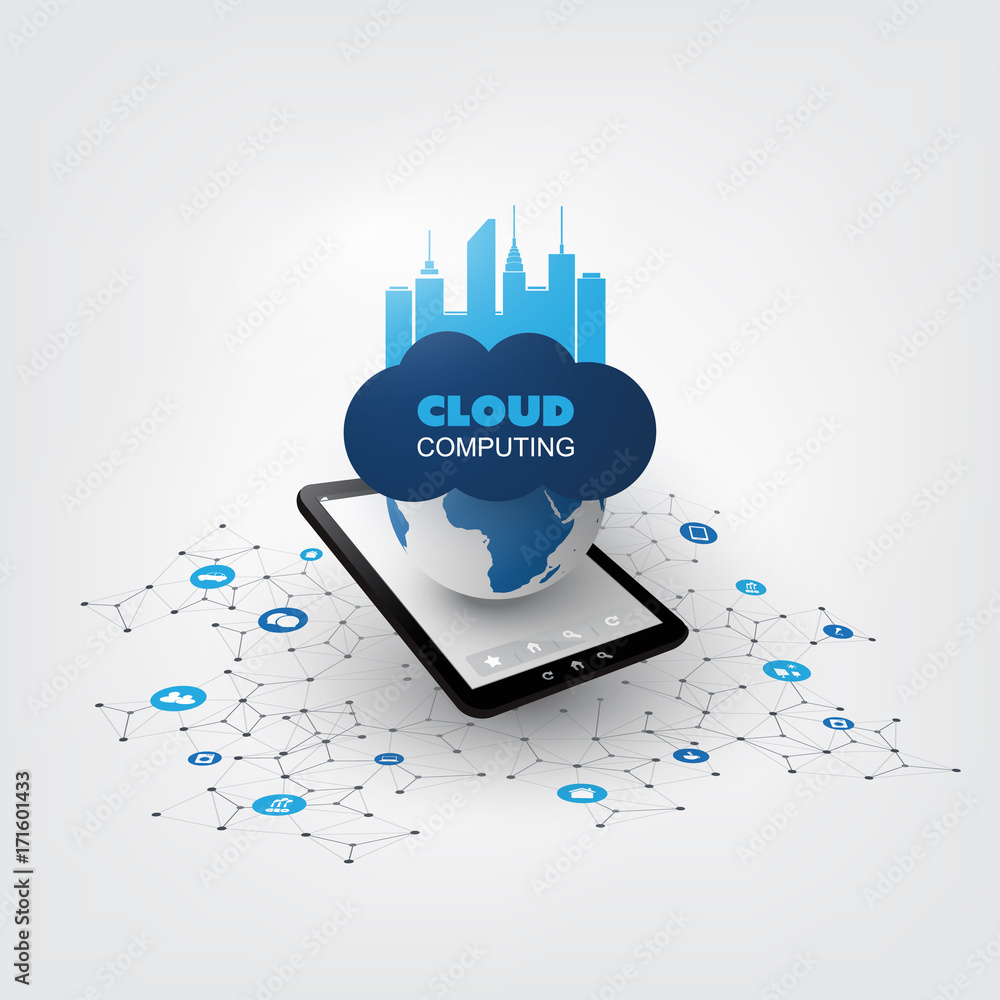 Poster cloud computing design concept with icons - digital network connections, technology background