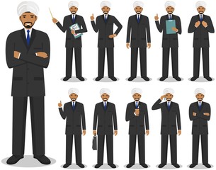 Business concept. Detailed illustration of muslim or indian businessman standing in different positions in flat style isolated on white background. Vector illustration.
